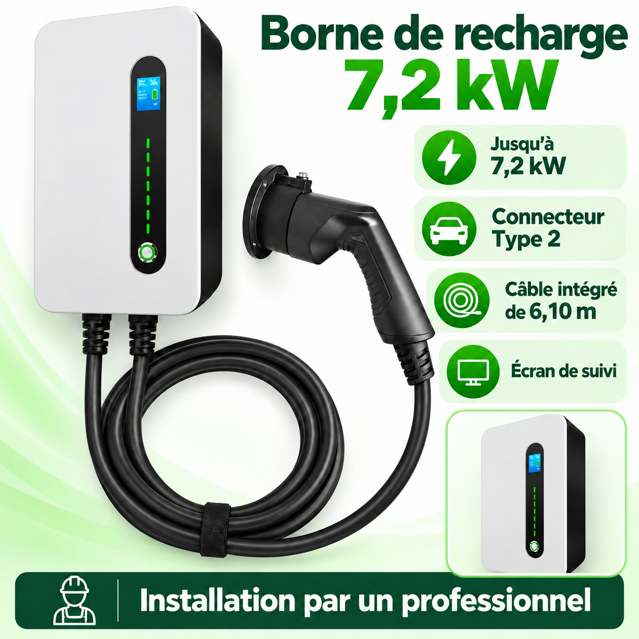 Borne 7,2 kW Type 2 : vues et caractéristiques principales en français