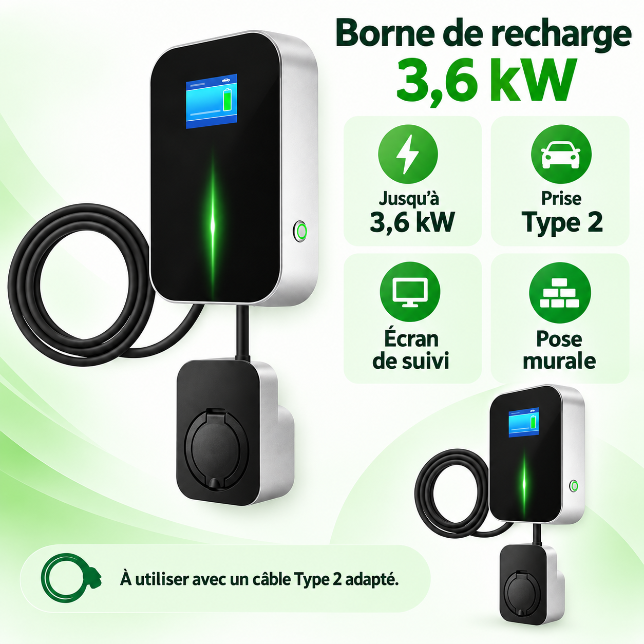 Borne 3,6 kW avec prise Type 2 : vues et caractéristiques en français