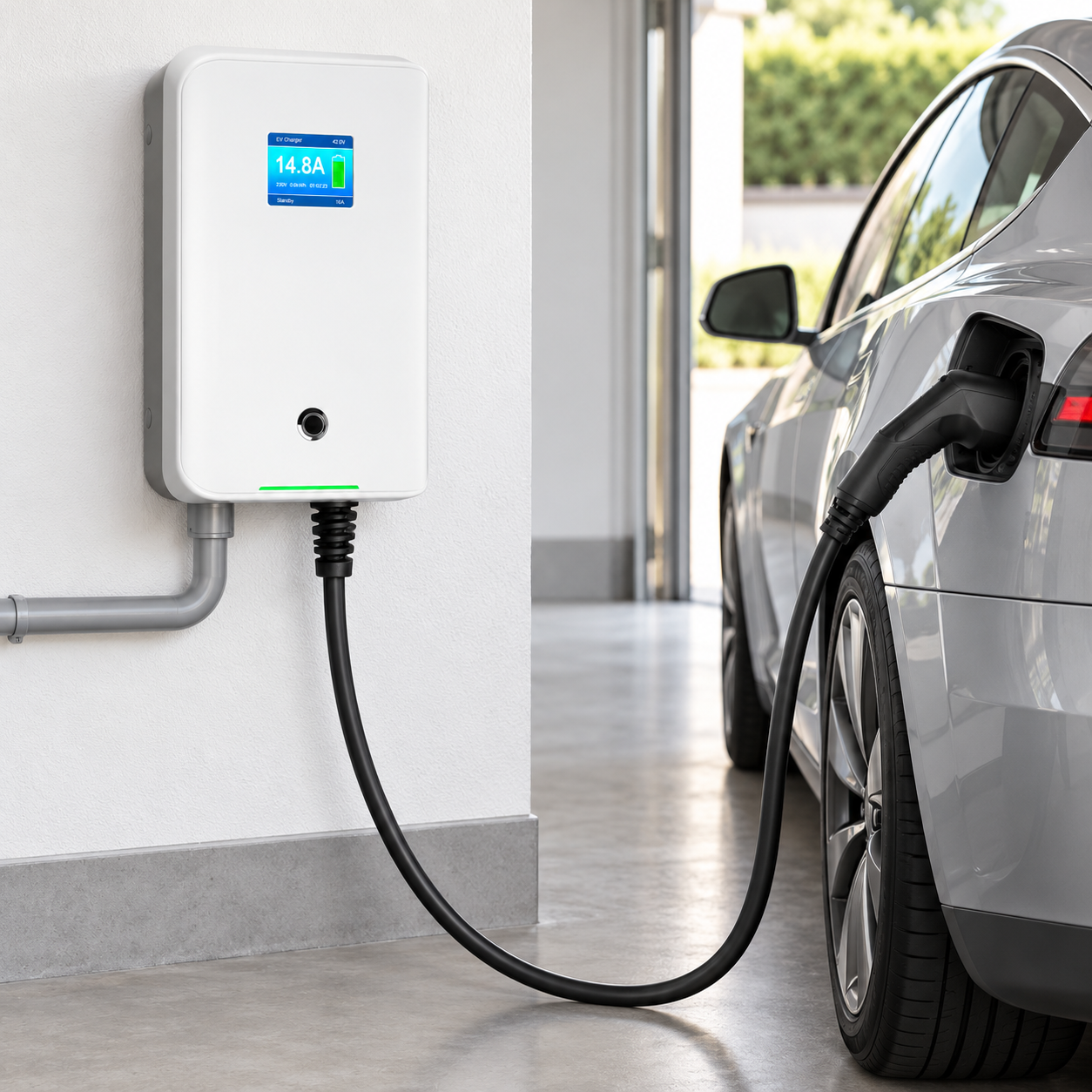 Borne blanche 3,6 kW en situation de recharge dans un garage