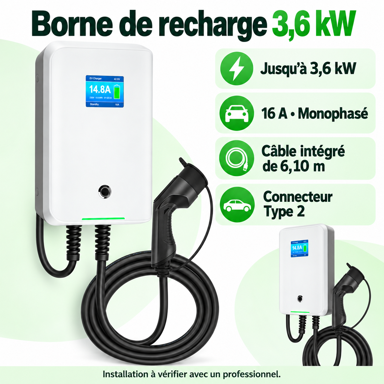 Borne 3,6 kW Type 2 câble 6,10 m : vues et caractéristiques en français