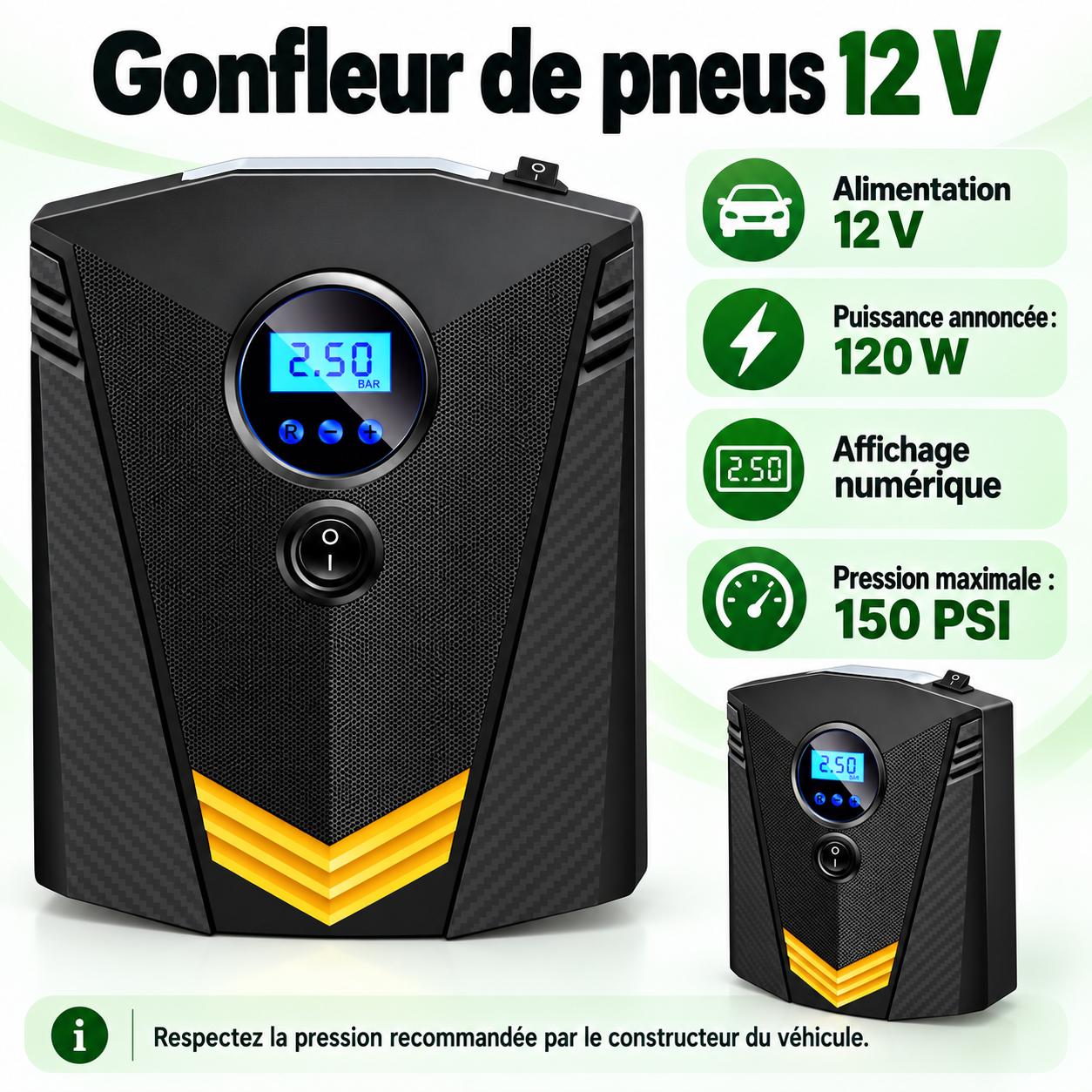 Gonfleur 12 V : vues et caractéristiques en français
