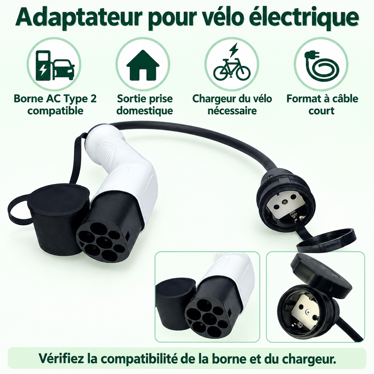 Adaptateur Type 2 pour vélo : vues des connecteurs et repères en français