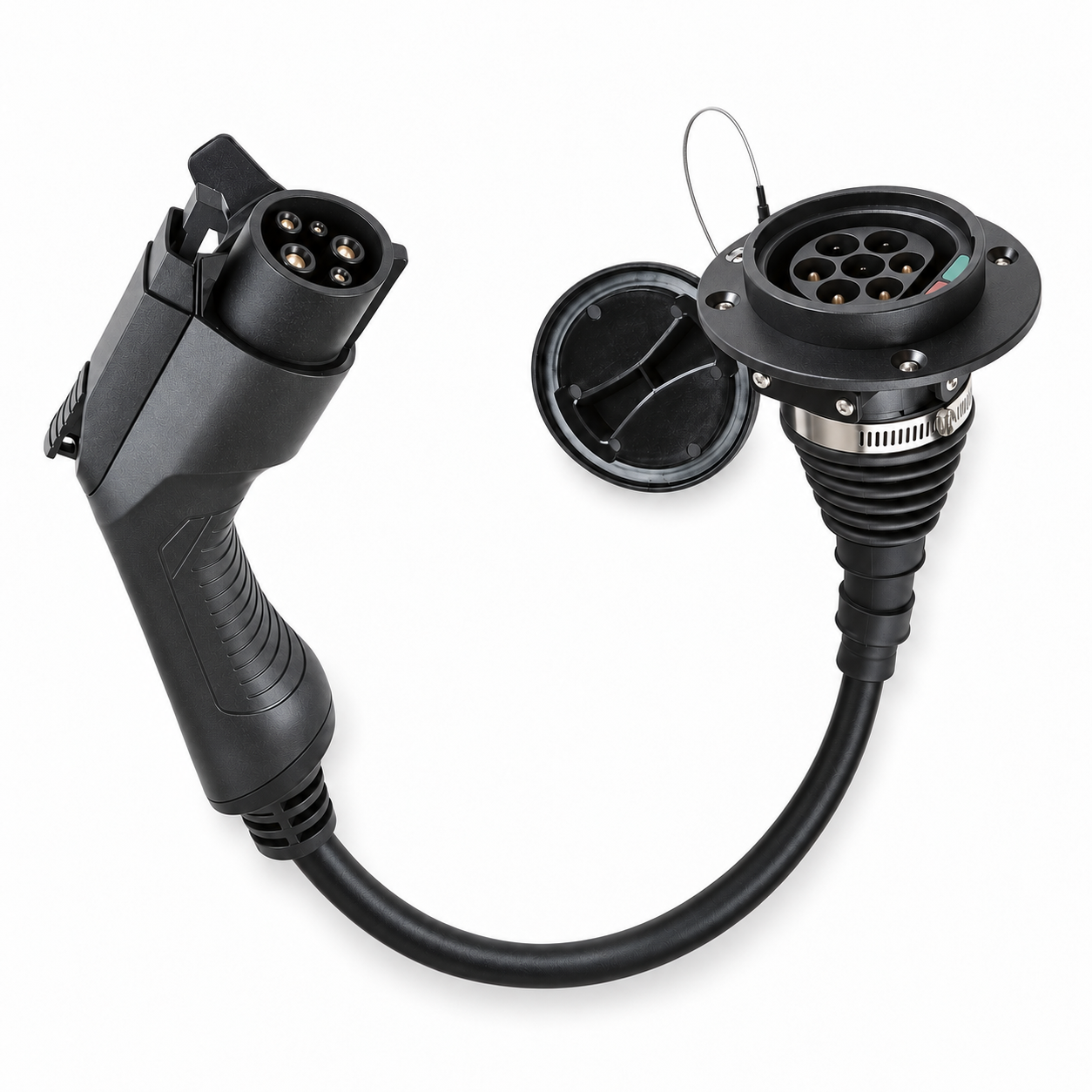 Adaptateur câble Type 2 vers véhicule Type 1 sur fond blanc