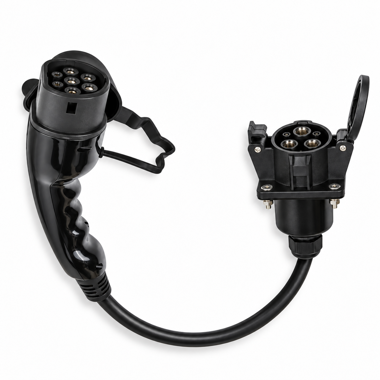 Adaptateur câble Type 1 vers véhicule Type 2 sur fond blanc