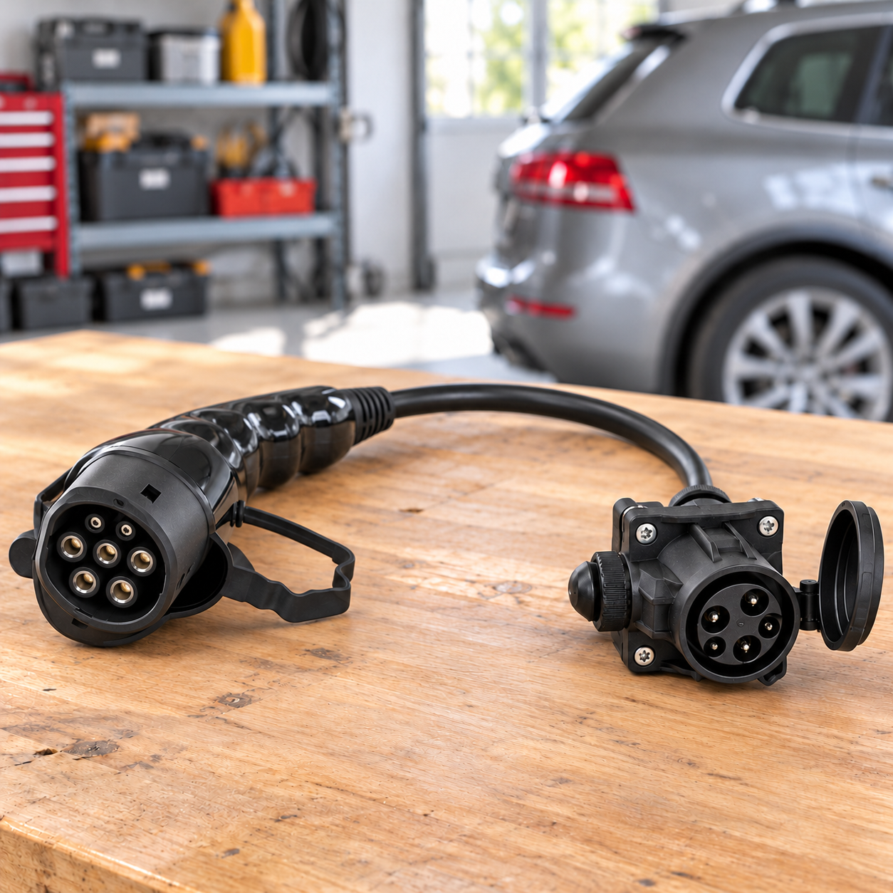 Adaptateur Type 1 vers Type 2 posé dans un garage