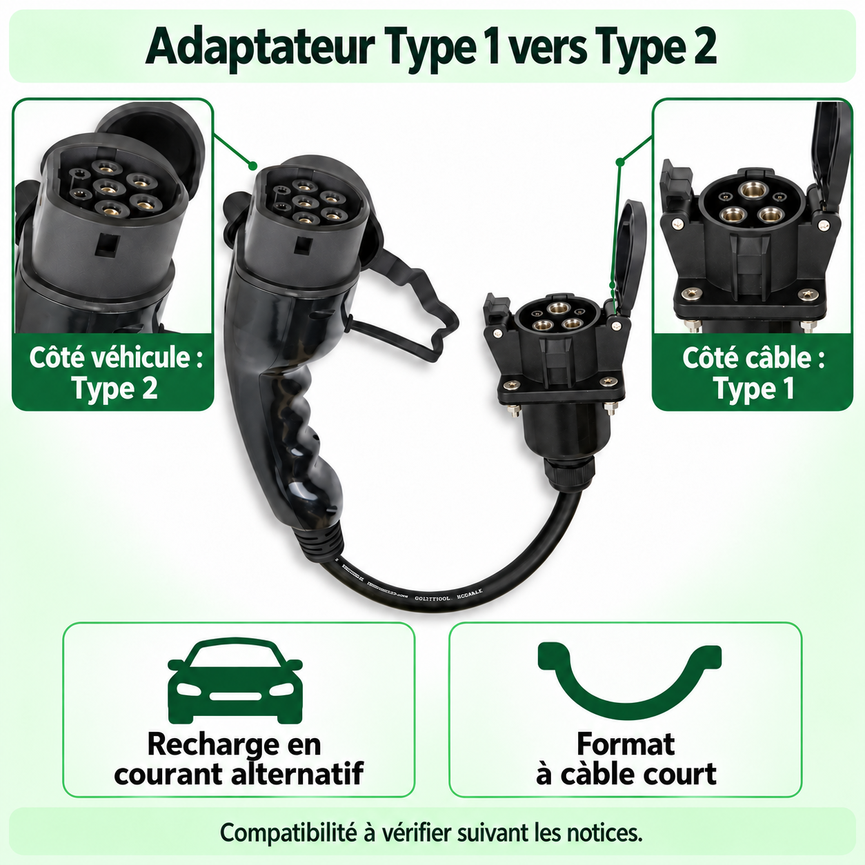 Adaptateur Type 1 vers Type 2 : côtés câble et véhicule en français