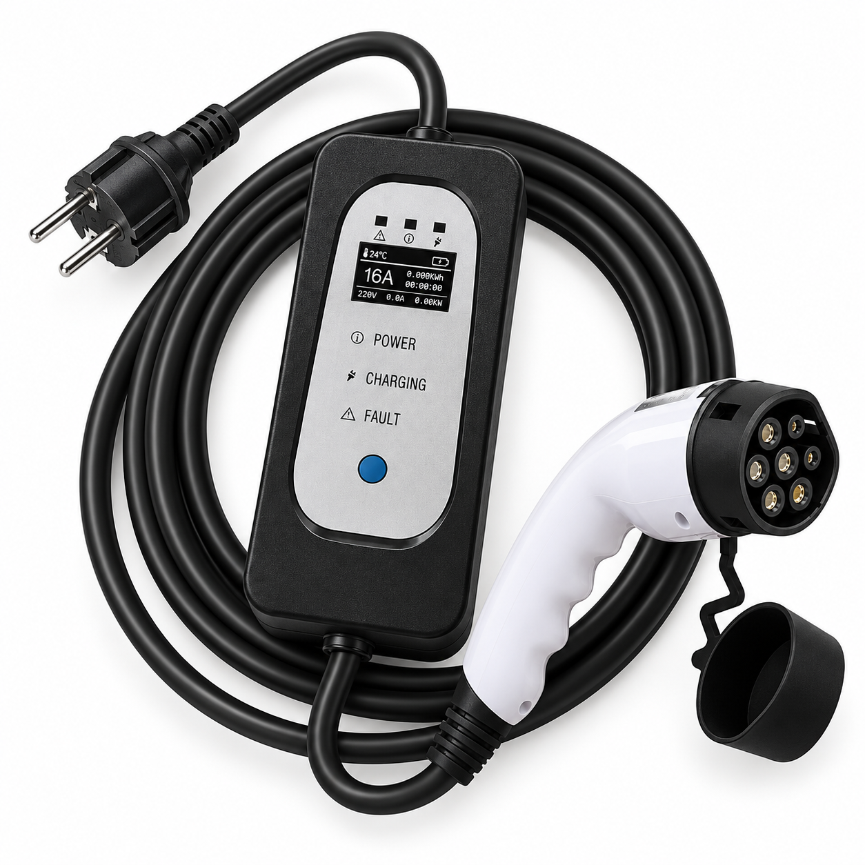 Chargeur portable Type 2 3,6 kW sur fond blanc