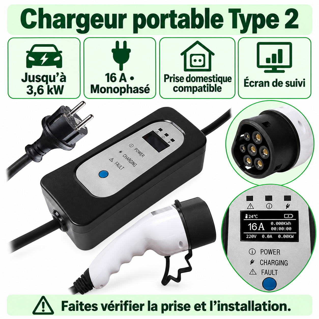 Caractéristiques en français du chargeur Type 2