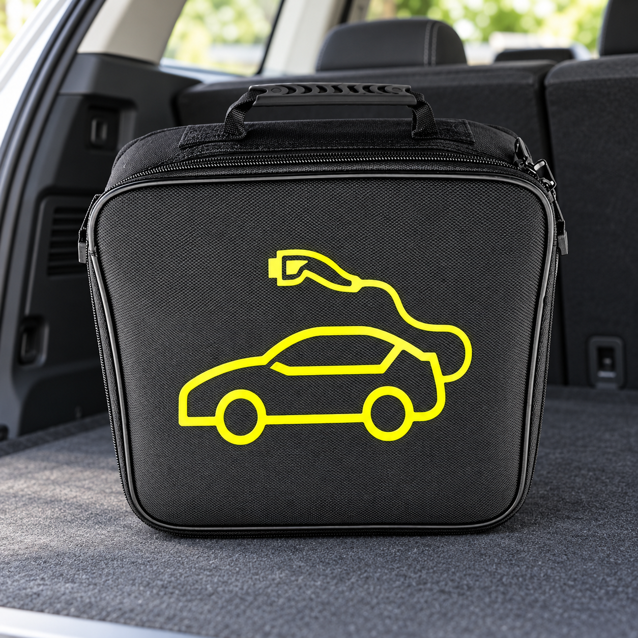 Sac carré pour câble de recharge rangé dans un coffre