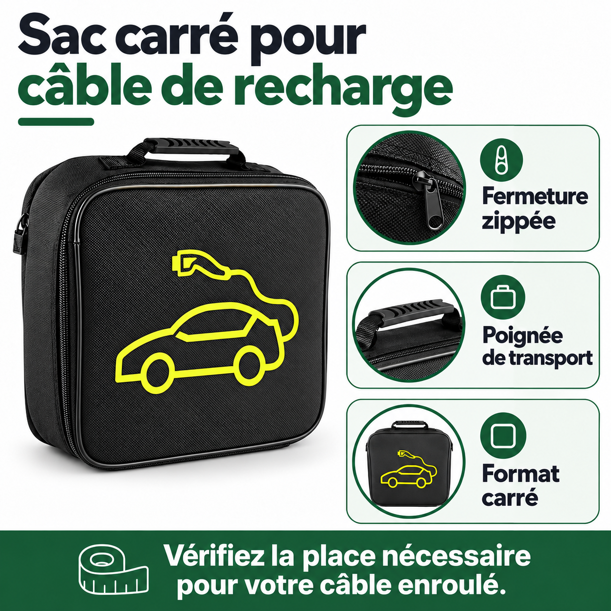 Sac carré : fermeture zippée, poignée et caractéristiques en français