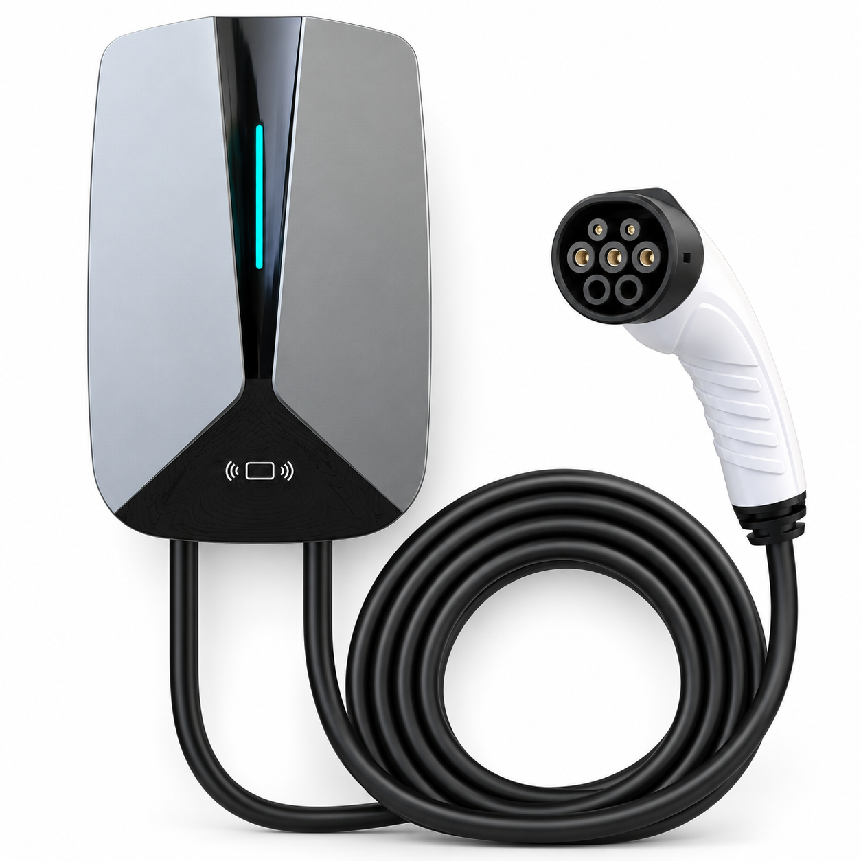 Borne Type 2 7 kW avec câble intégré et lecteur RFID sur fond blanc