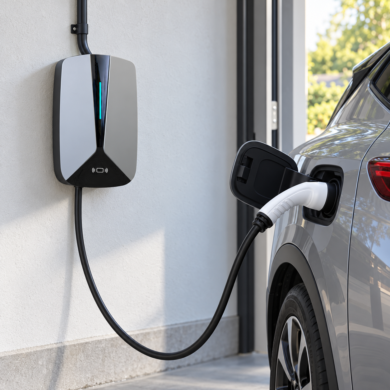Borne Type 2 installée au mur avec véhicule en recharge