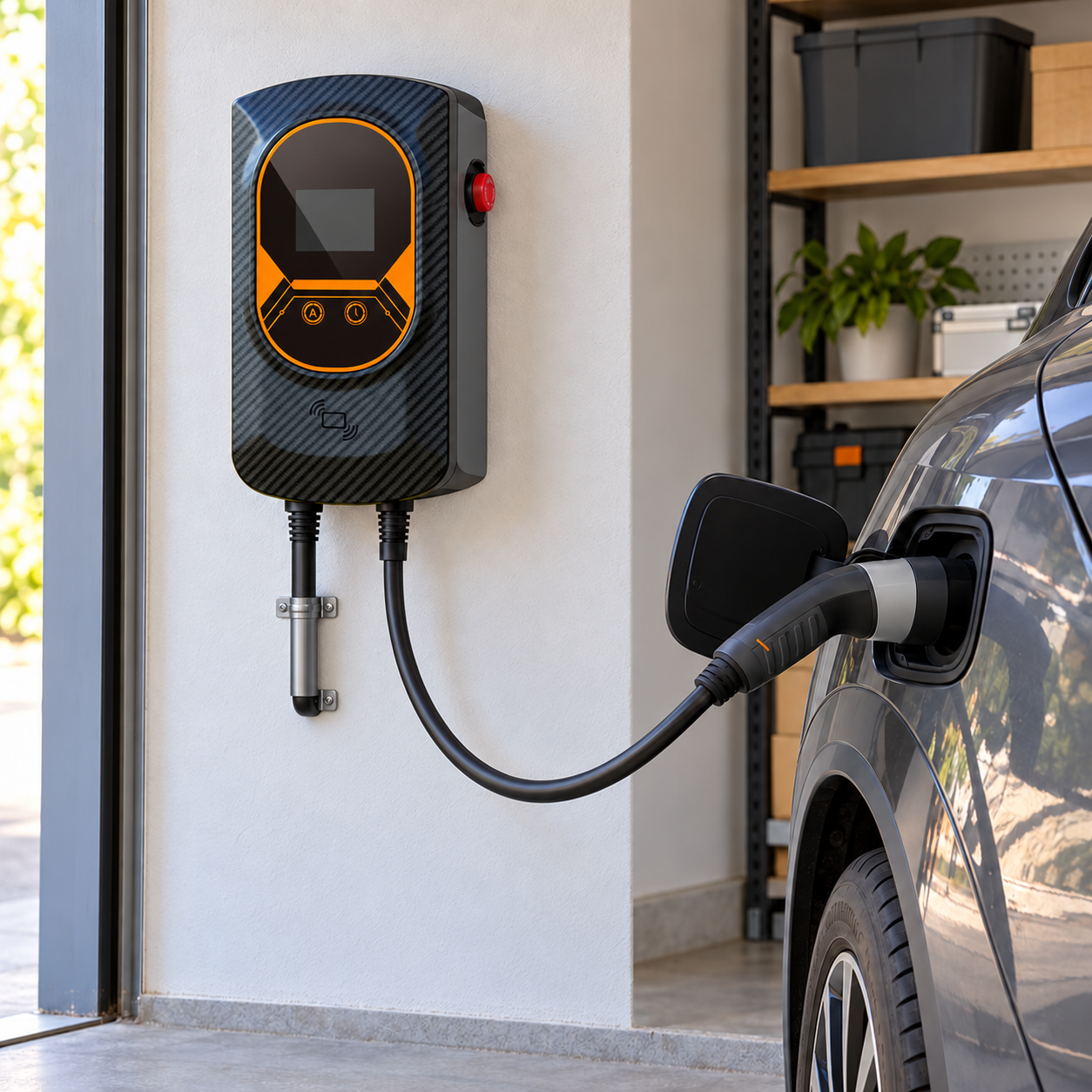 Borne Type 2 connectée installée au mur avec véhicule en recharge
