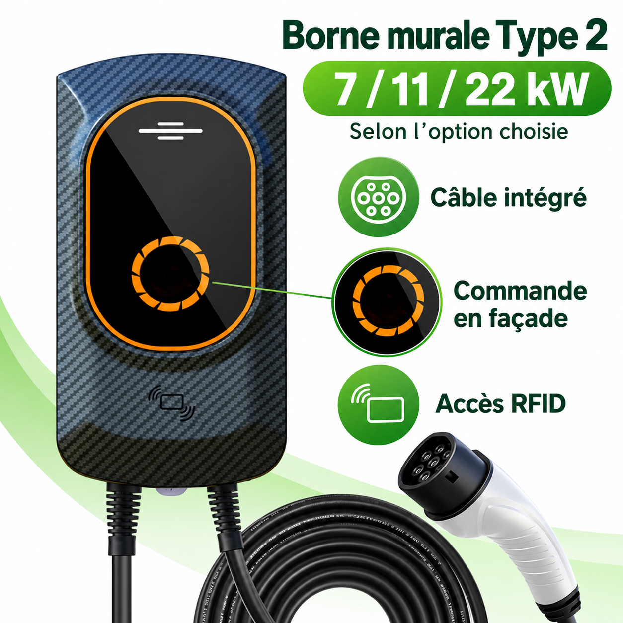 Borne Type 2 : caractéristiques des trois puissances en français