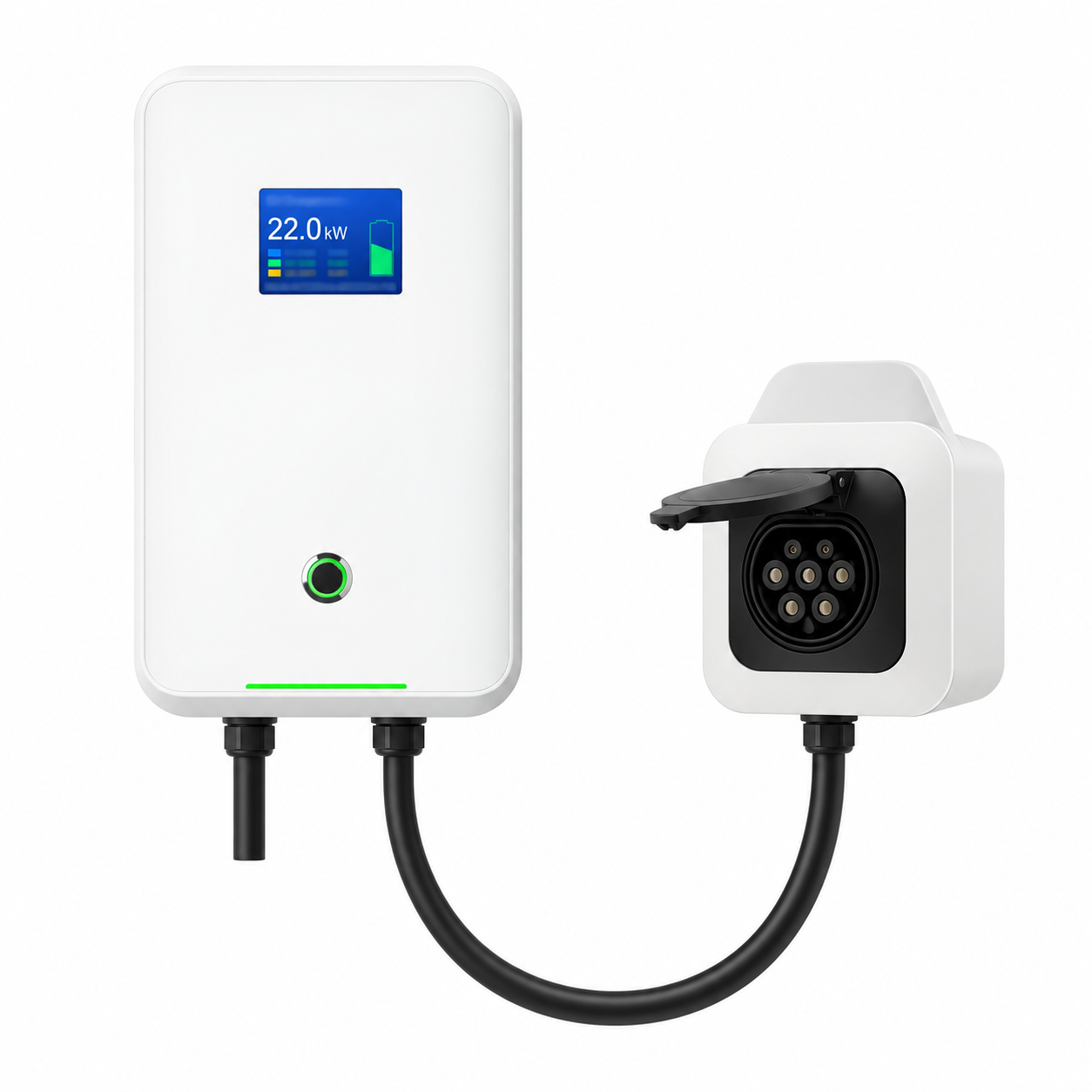 Borne 22 kW avec boîtier de prise Type 2 séparé sur fond blanc