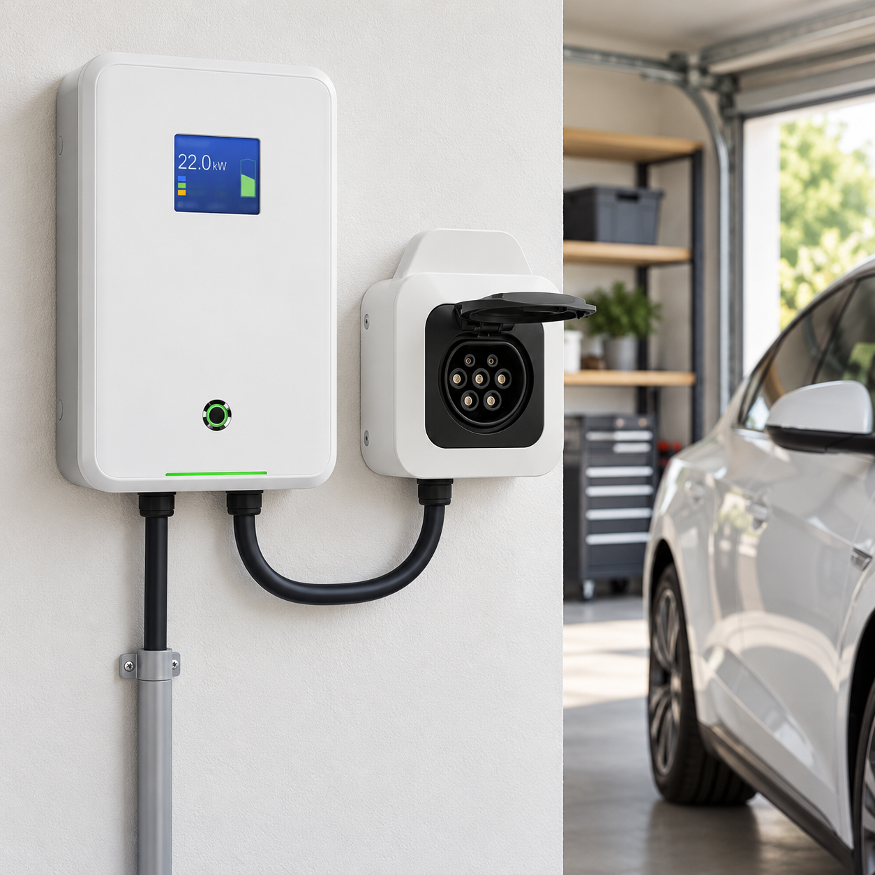 Borne 22 kW et prise Type 2 séparée installées au mur