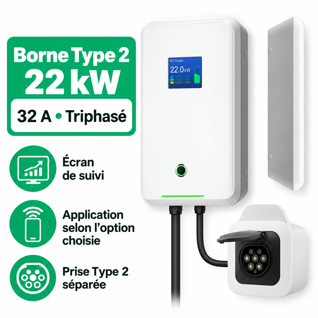 Borne 22 kW : vues et caractéristiques en français