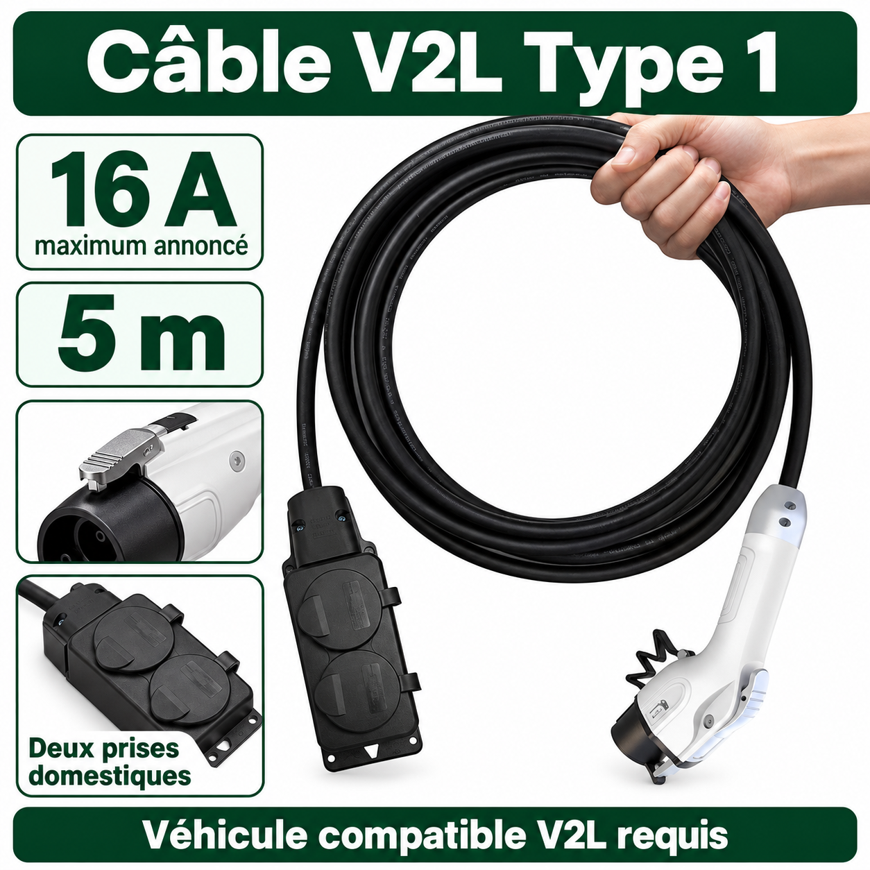 Détails du connecteur Type 1 et des deux prises domestiques du câble V2L