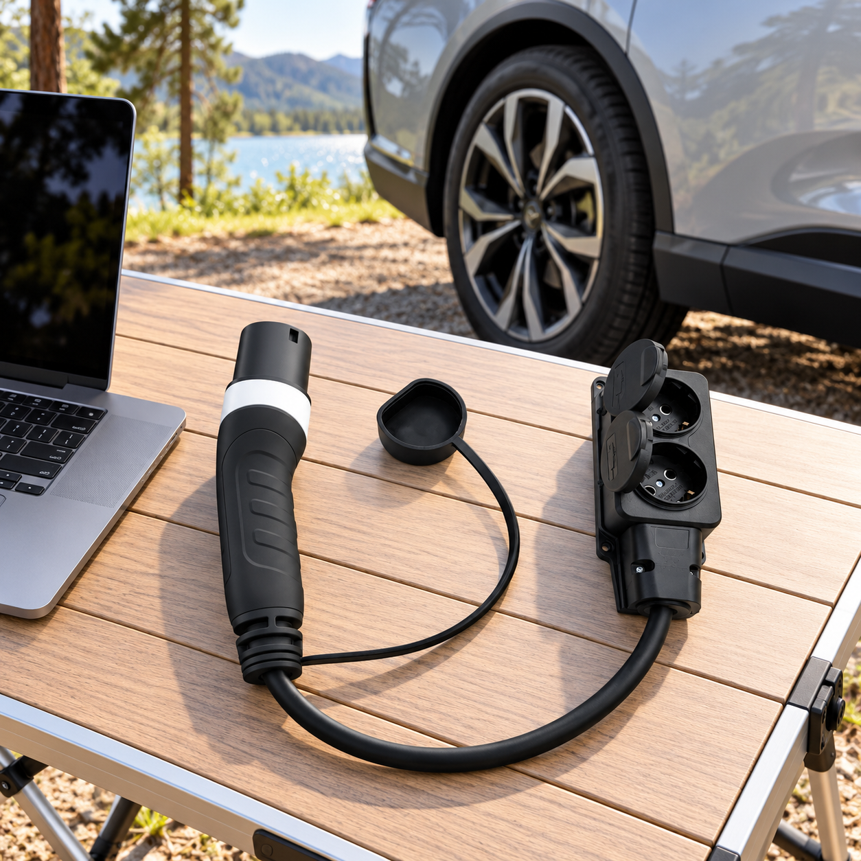 Adaptateur Type 2 débranché sur une table près d’une voiture