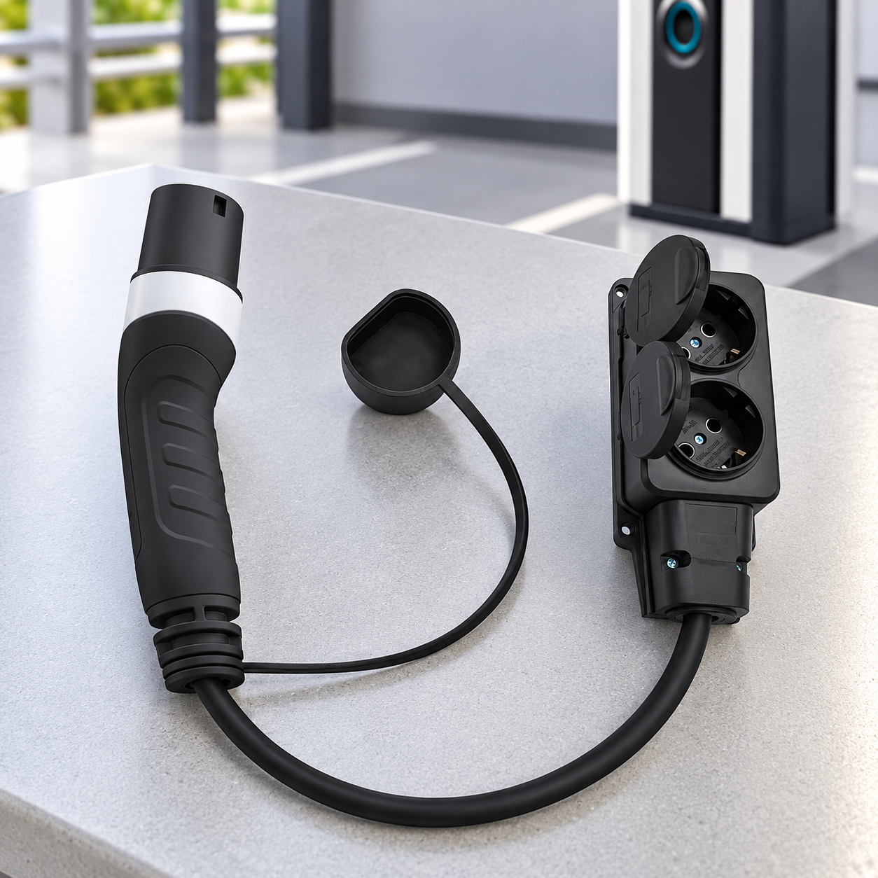 Adaptateur Type 2 vers prises domestiques, débranché près d’une borne
