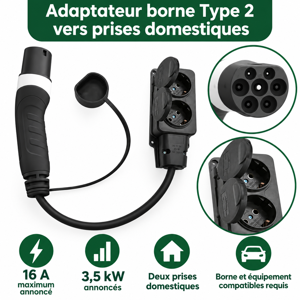 Adaptateur côté borne Type 2, 16 A et deux prises domestiques