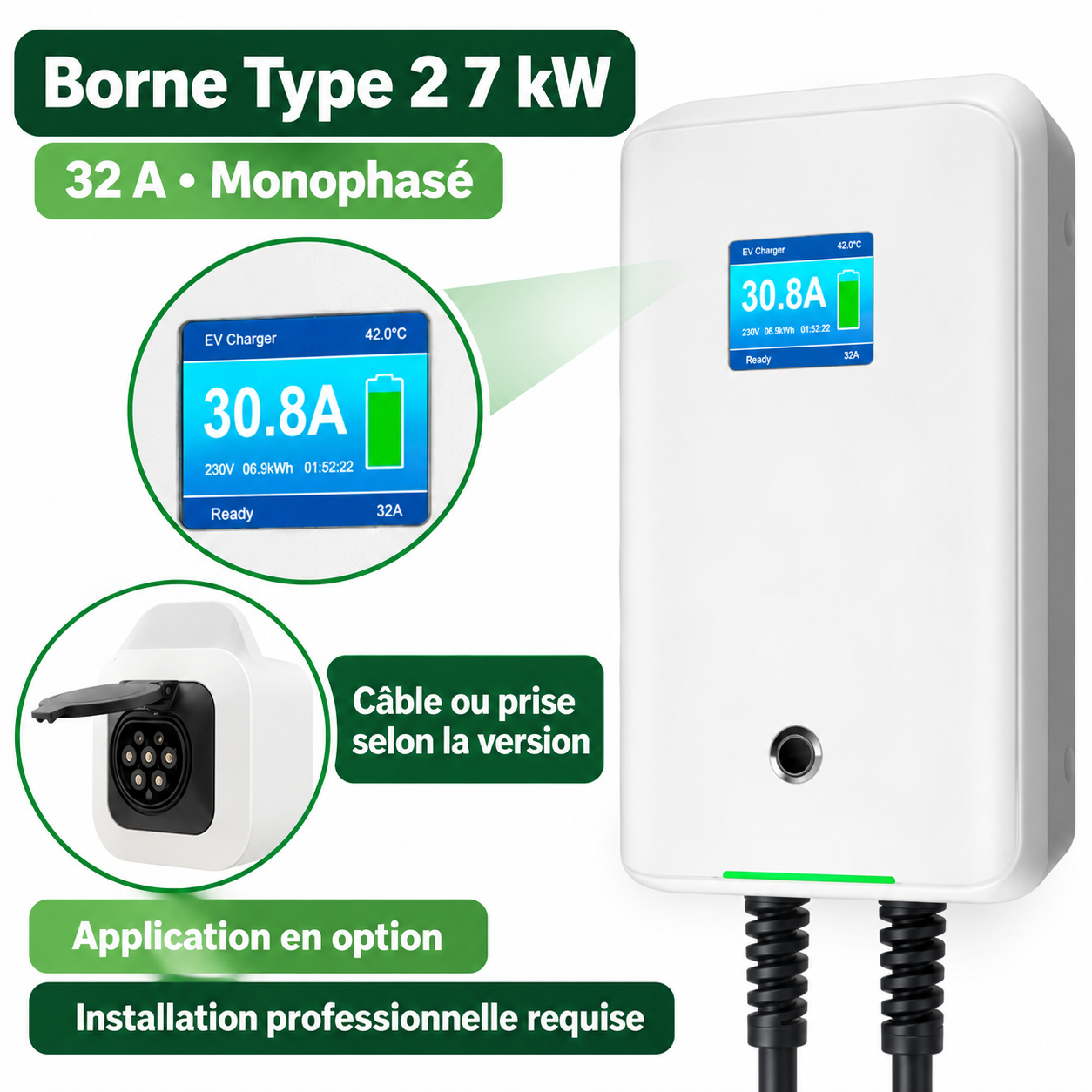 Borne 7 kW, écran et prise selon la version