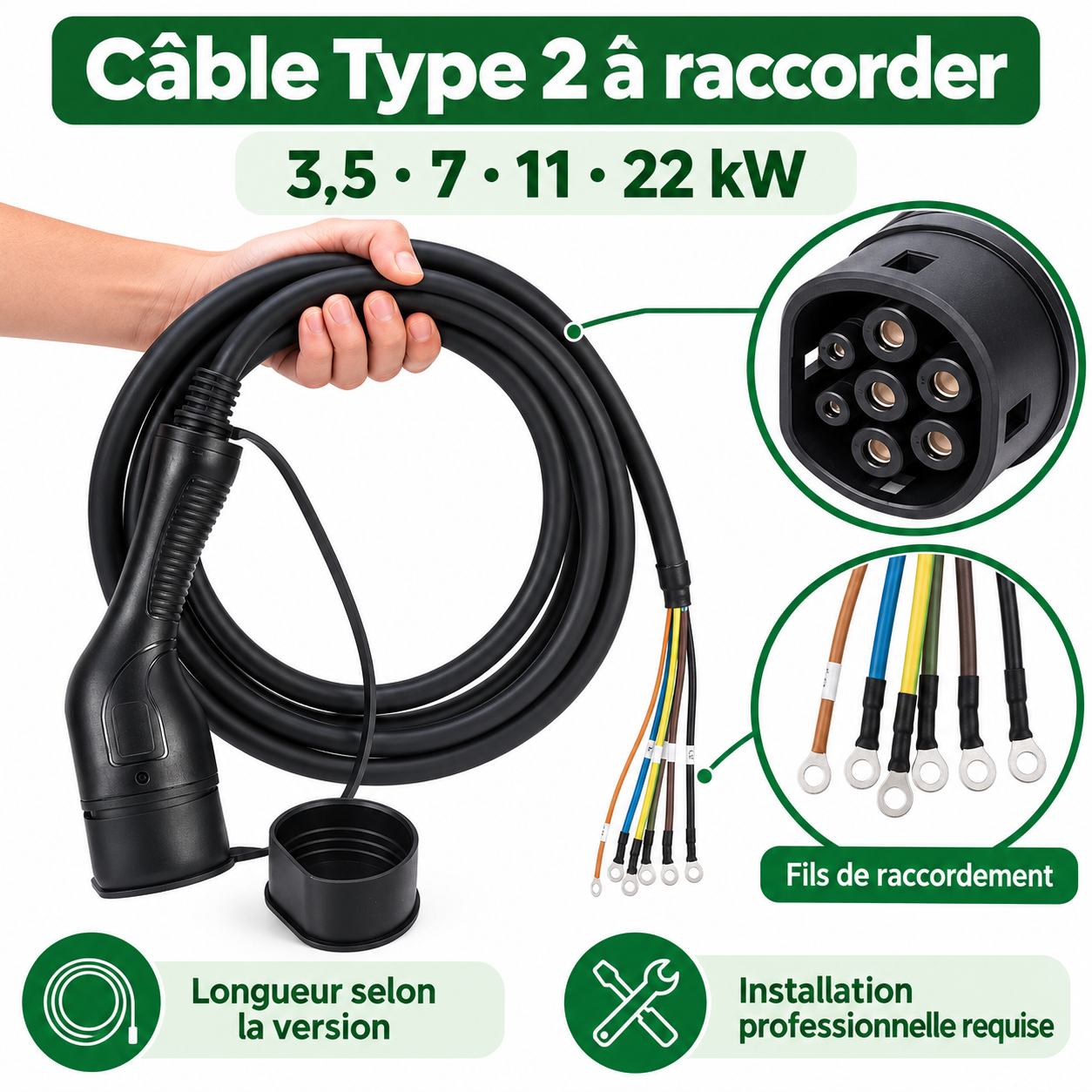 Câble Type 2, détails du connecteur et raccordement professionnel