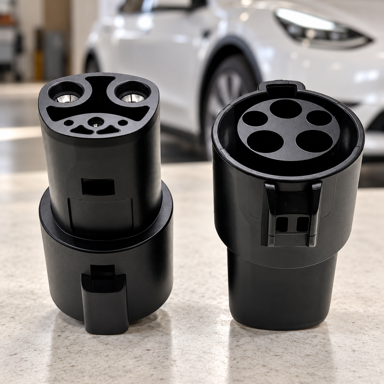 Deux vues de l’adaptateur Type 1 vers Tesla/NACS dans un garage