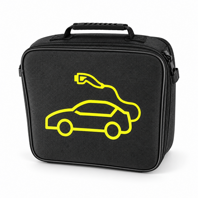 Sac carré noir pour câble de recharge avec motif jaune sur fond blanc