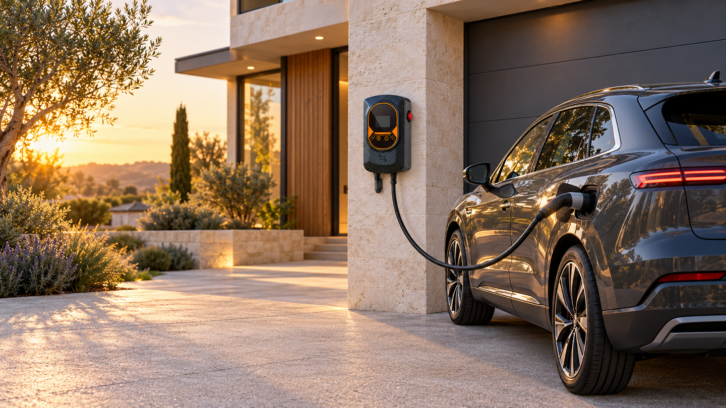 Une voiture électrique branchée devant une maison contemporaine