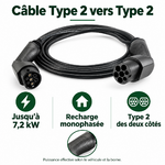 Câble Type 2 vers Type 2 : jusqu’à 7,2 kW, recharge monophasée