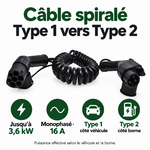 Câble spiralé Type 1 vers Type 2 : jusqu’à 3,6 kW, monophasé 16 A