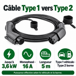Câble Type 1 vers Type 2 : 3,6 kW, monophasé 16 A et longueur 5 m