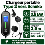 Chargeur Type 2 Schuko : 3,5 kW, courant réglable 8 à 16 A et câble 3,5 m