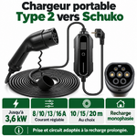 Chargeur Type 2 Schuko : 3,6 kW, réglage 8 à 16 A et longueurs 10 à 20 m
