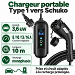 Chargeur Type 1 Schuko : 3,6 kW, réglage 8 à 16 A et longueur 10 m
