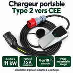 Chargeur Type 2 CEE : 11 kW, triphasé 16 A maximum et longueurs 4 ou 10 m