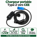 Chargeur Type 2 CEE bleue : 7,2 kW, réglage 10 à 32 A et câble 5 m