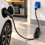 Chargeur Type 1 utilisé sur une prise CEE industrielle bleue