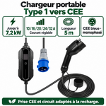 Chargeur Type 1 CEE bleue : 7,2 kW, réglage 10 à 32 A et câble 5 m