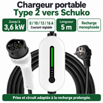 Chargeur blanc Type 2 Schuko : 3,6 kW, réglage 8 à 16 A et câble 5 m