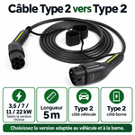 Câble Type 2 : longueur 5 m et versions 3,5, 7, 11 ou 22 kW