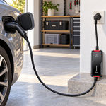 Chargeur Type 2 noir à accents rouges utilisé sur une installation domestique