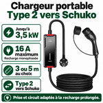 Chargeur Type 2 Schuko : 3,5 kW, 16 A maximum et longueurs 3 ou 5 m