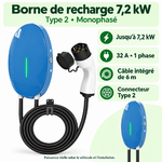 Borne 7,2 kW Type 2 câble 6 m : vues et caractéristiques en français