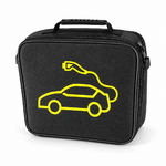 Sac carré noir pour câble de recharge avec motif jaune sur fond blanc