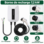 Borne 7,2 kW et connecteurs Type 1, Type 2 et GB/T