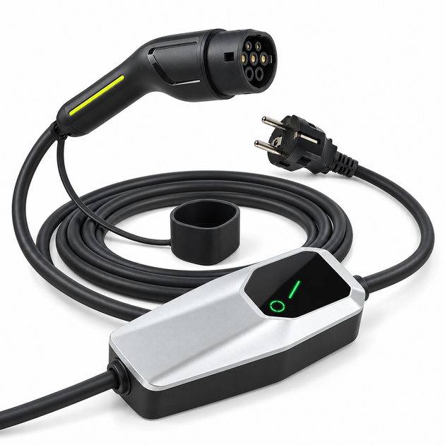 Chargeur portable Type 2 vers Schuko avec boîtier et câble noir sur fond blanc