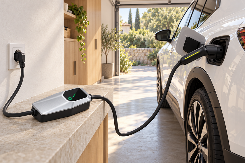 Chargeur portable Type 2 dans un garage lumineux avec son boîtier posé sur une surface stable