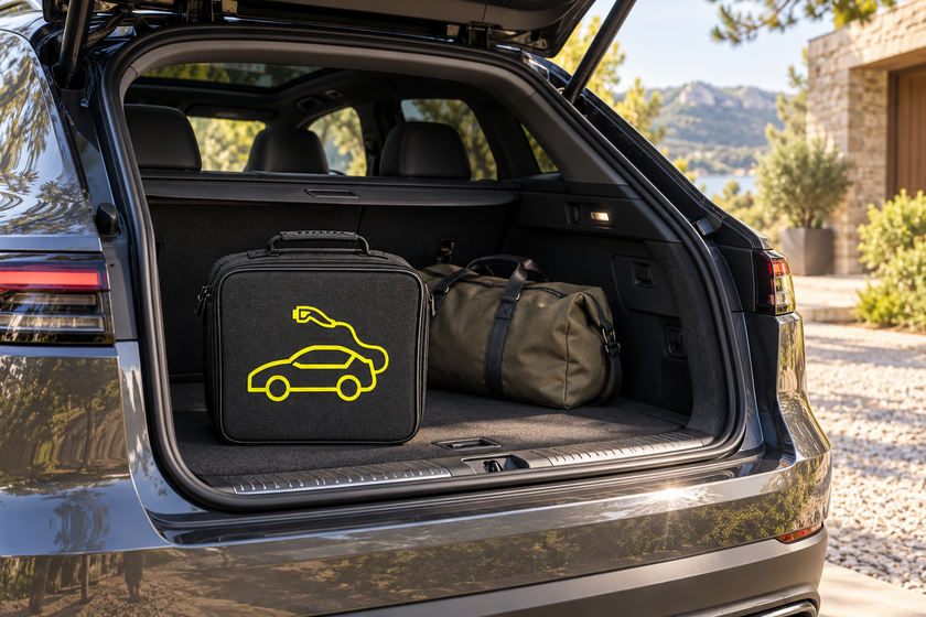 Sac de rangement pour câble de recharge dans le coffre d’une voiture prête pour un départ